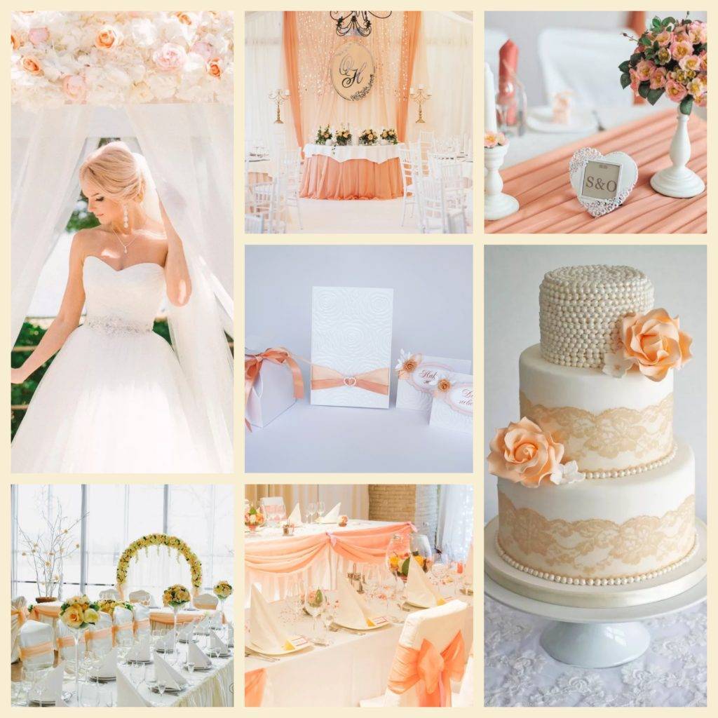 Оформление бело-персиковой свадьбы с фото: