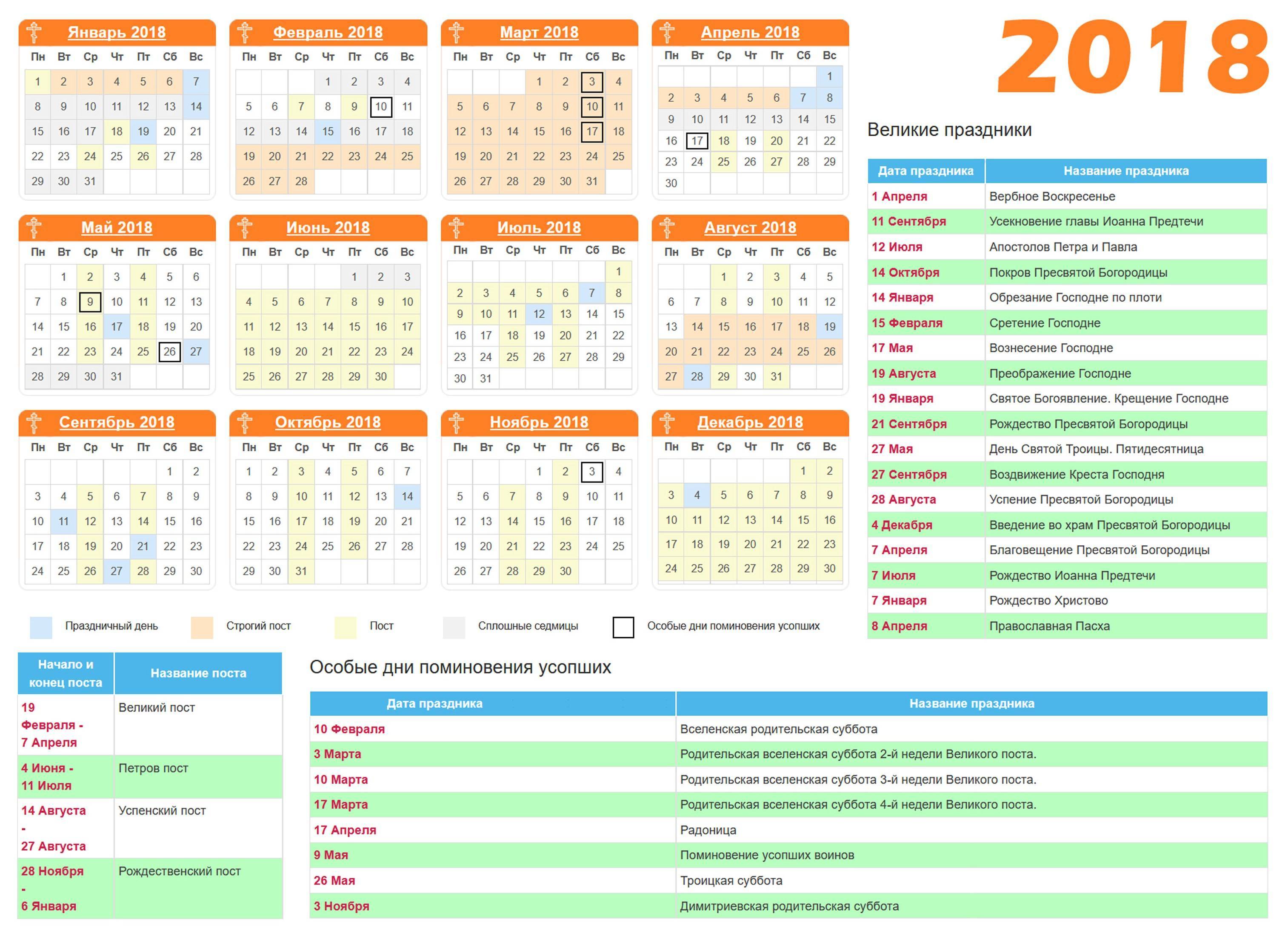 православный календарь 2018