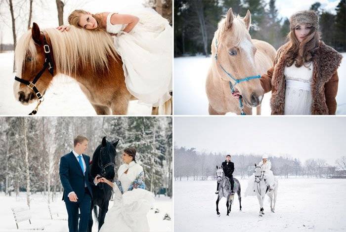 Свадебная зимняя съемка с лошадьми
