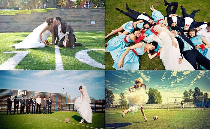 Футбольное поле – отличное место для свадебной фотосессии