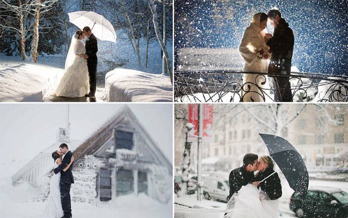 Невеста и жених на фоне падающего снега